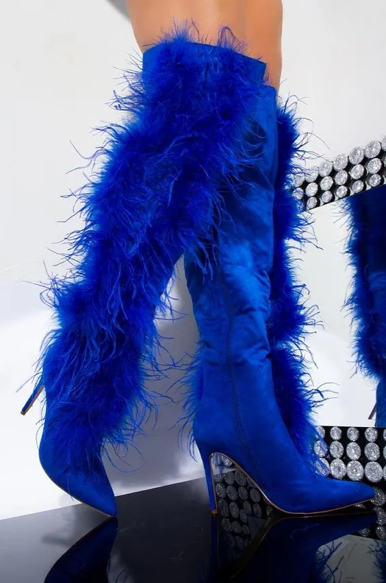 Feather Over The Knee Boots Women Super High Heel Winter Shoes