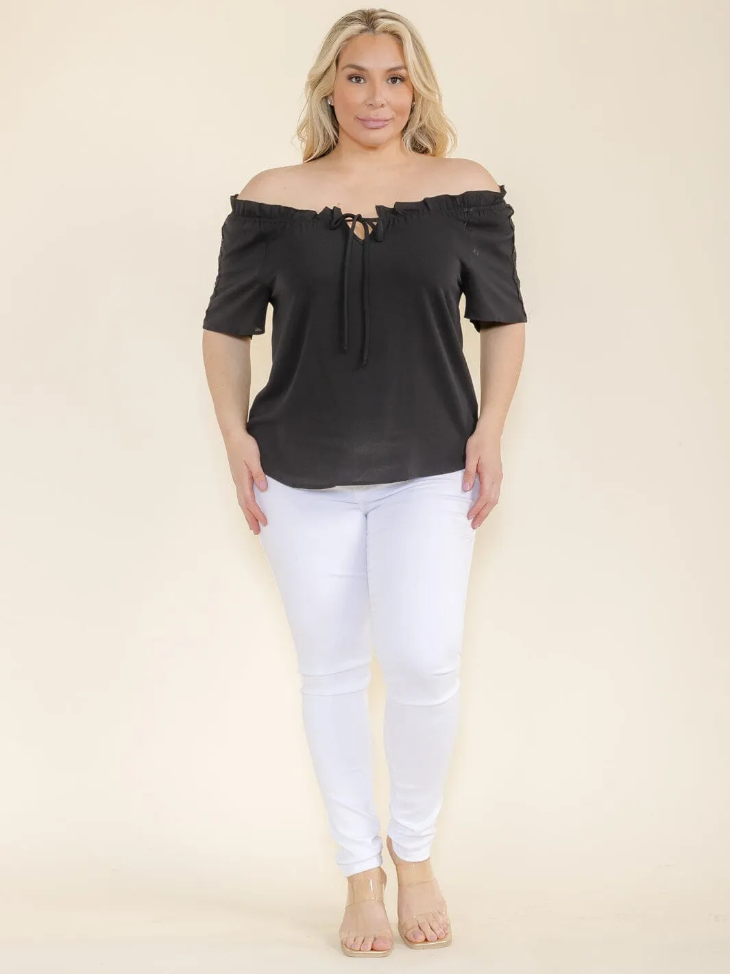 PLUS SIZE SHORT SLEEVE LACE OFF SHOULDER BLOUSE