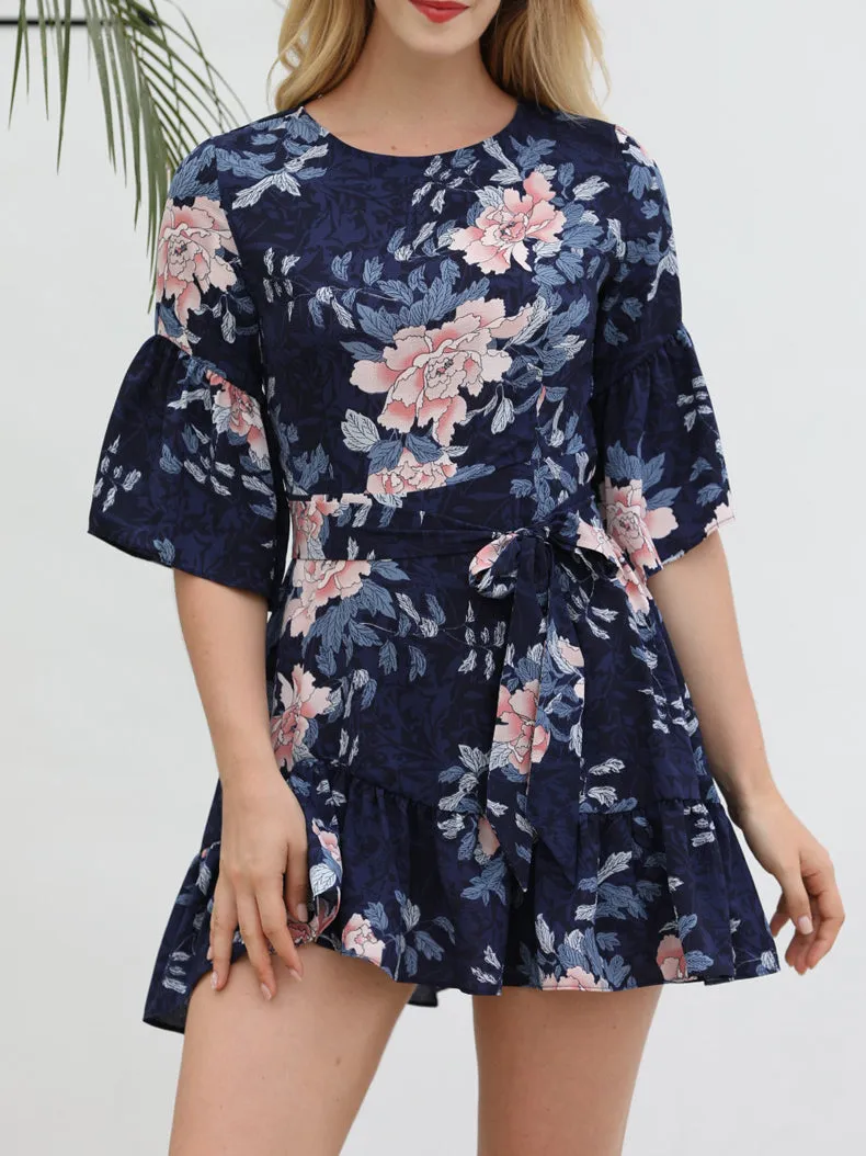 Ruffled Hem Mid-sleeve Print Dress