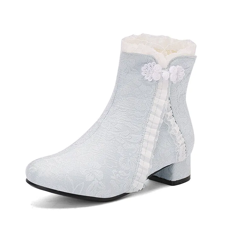 Women's Embroider Bows Lace Block Heel Ankle Boots