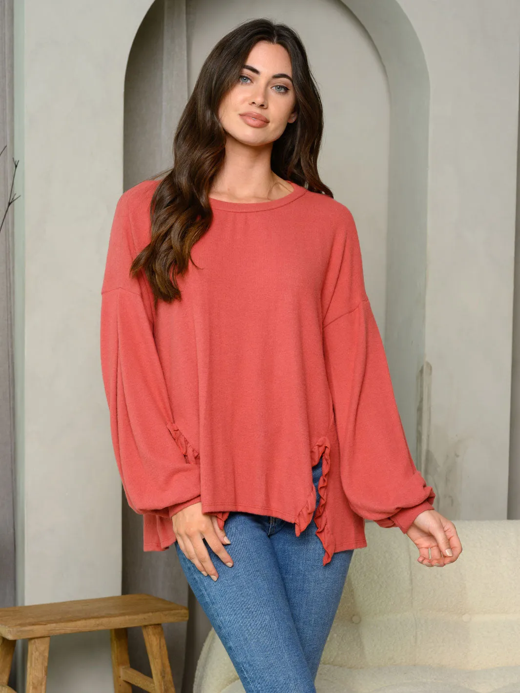 WOMEN'S LONG SLEEVE FRONT RUFFLE SLIT TUNIC TOP