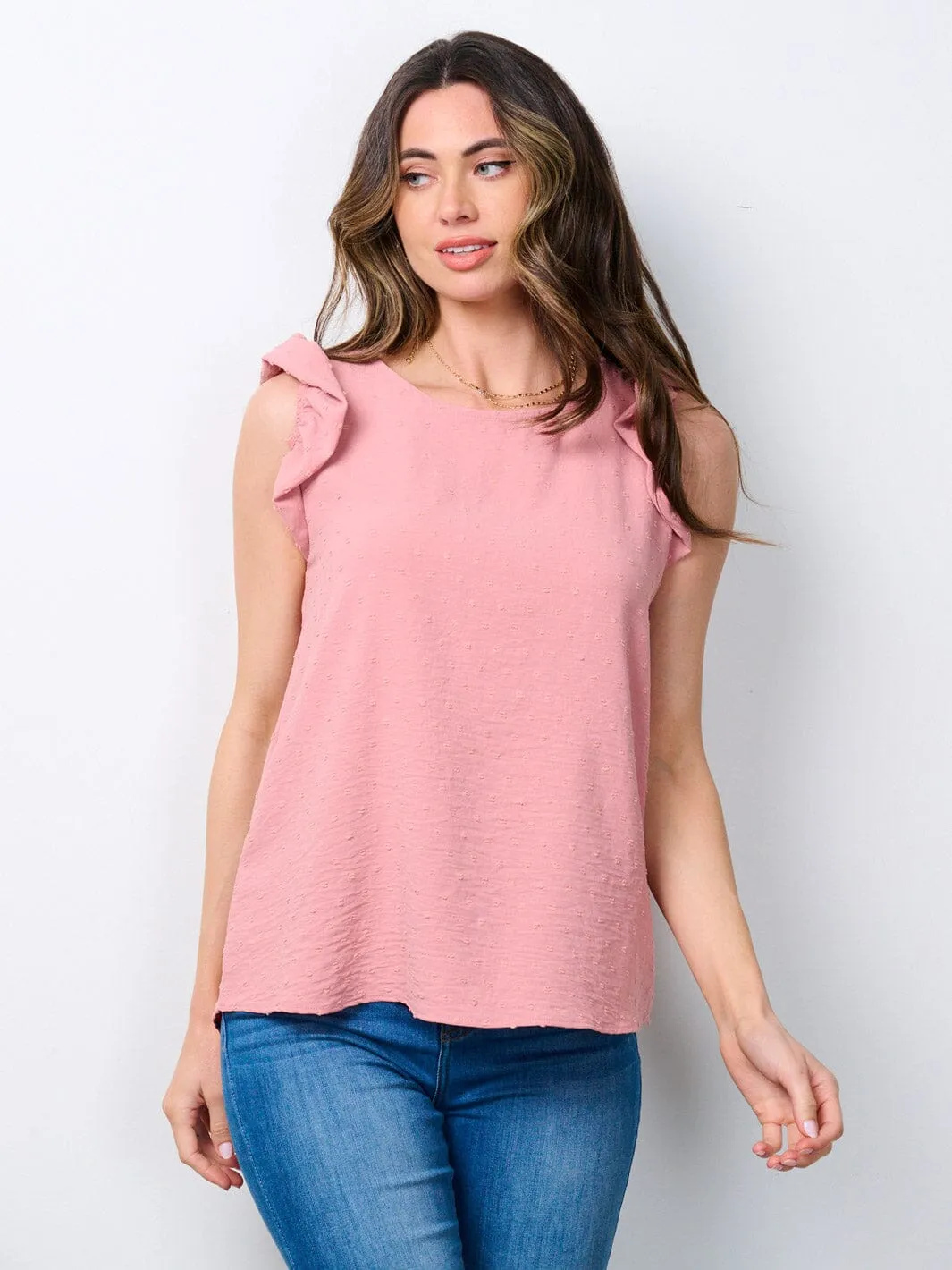 WOMEN'S SLEEVELESS RUFFLE SWISS DOTS BLOUSE TOP