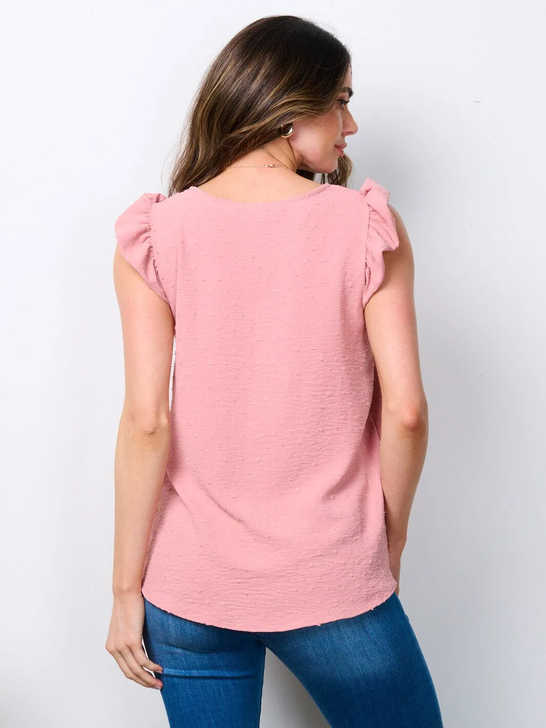 WOMEN'S SLEEVELESS RUFFLE SWISS DOTS BLOUSE TOP